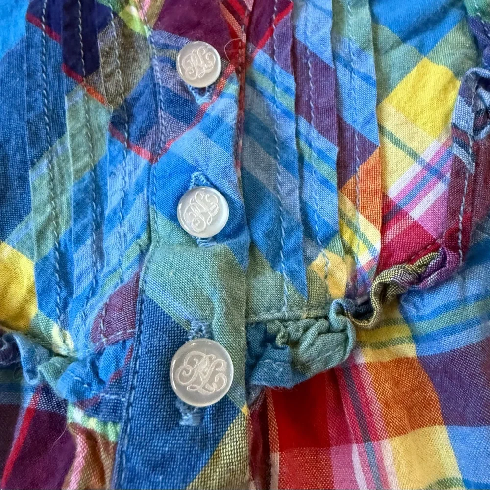 Ralph Lauren Baby Dress 3M Multicolor‎ Madras Plaid Ruffle Trim Monogram Buttons
